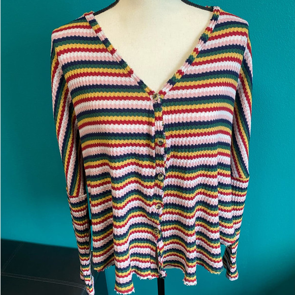 Blu-Pepper Striped Waffle Knit Button Up Cardigan Women's Large - Picture 3 of 10